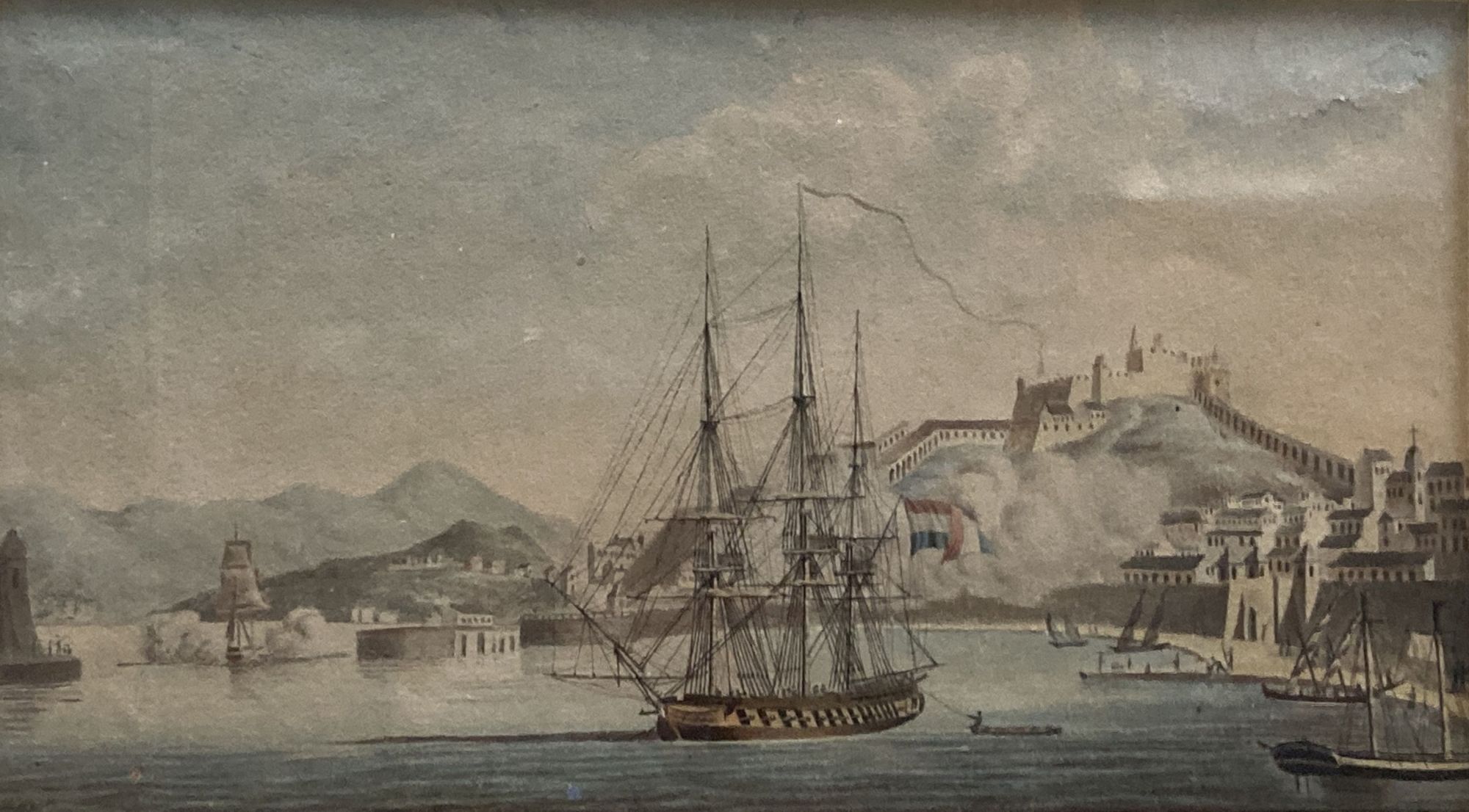 Attributed to Thomas Lyde Hornbrook (1780-1855), watercolour, Warship in Elba harbour, 11 x 20cm